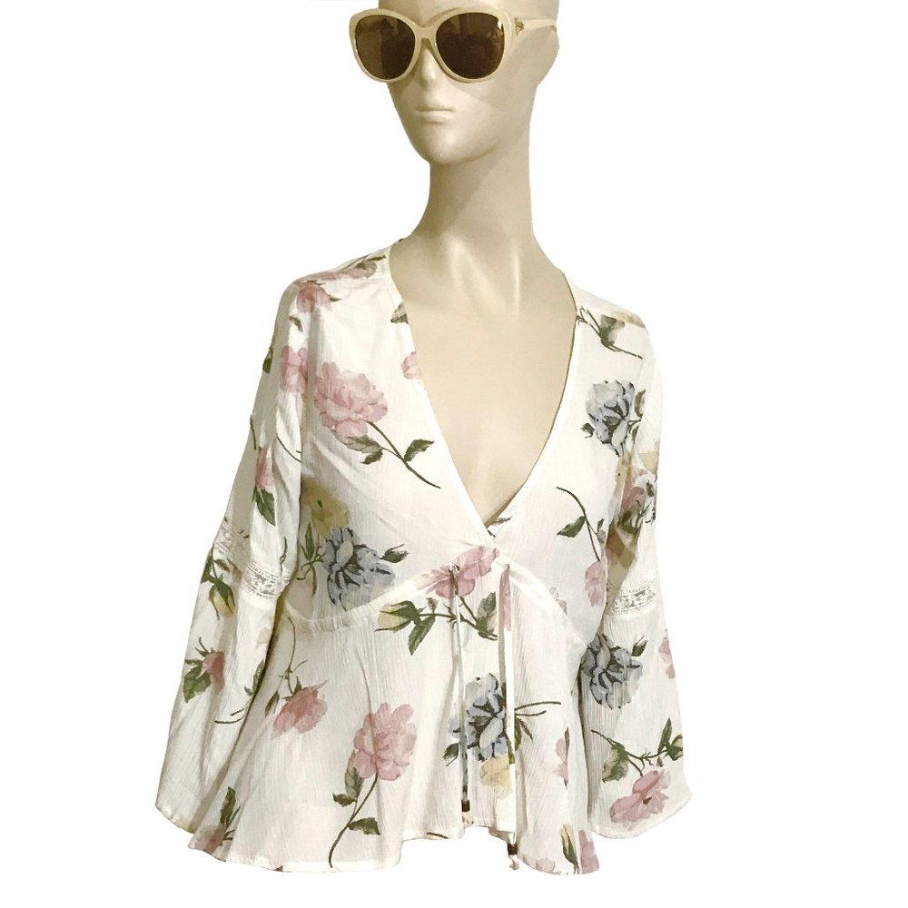 Crinkled Crepe Floral Printed Peasant Blouse - Picture 4 of 4